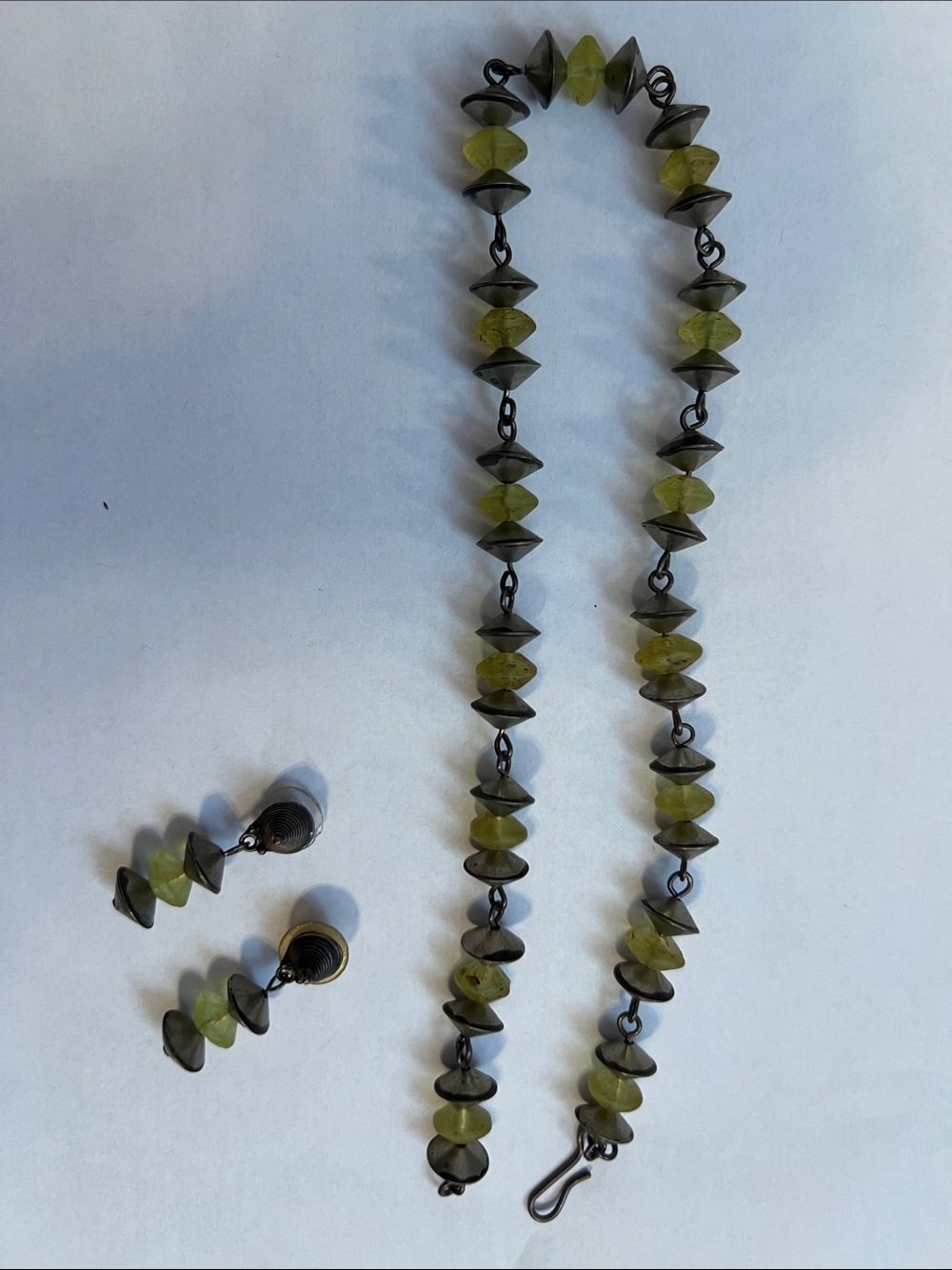 Green silver atomic Bead Link Necklace and Drop Earrings Set